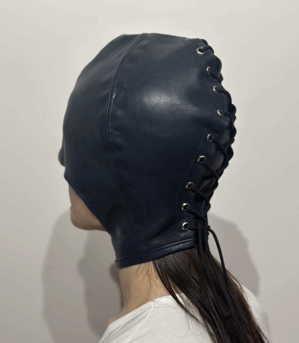 Leather Open Mouth Bondage Hood with Lacing (Style 1) - Image 2