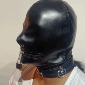 Leather Full Face Bondage Hood with a Lockable Zipper Mouth and Lockable Collar