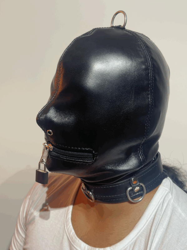Leather Full Face Bondage Hood with a Lockable Zipper Mouth and Lockable Collar
