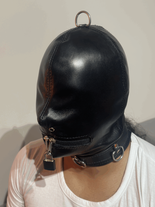 Leather Full Face Bondage Hood with a Lockable Zipper Mouth and Lockable Collar - Image 2