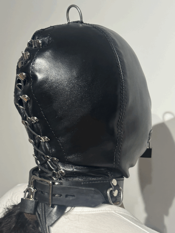 Leather Full Face Bondage Hood with a Lockable Zipper Mouth and Lockable Collar - Image 3