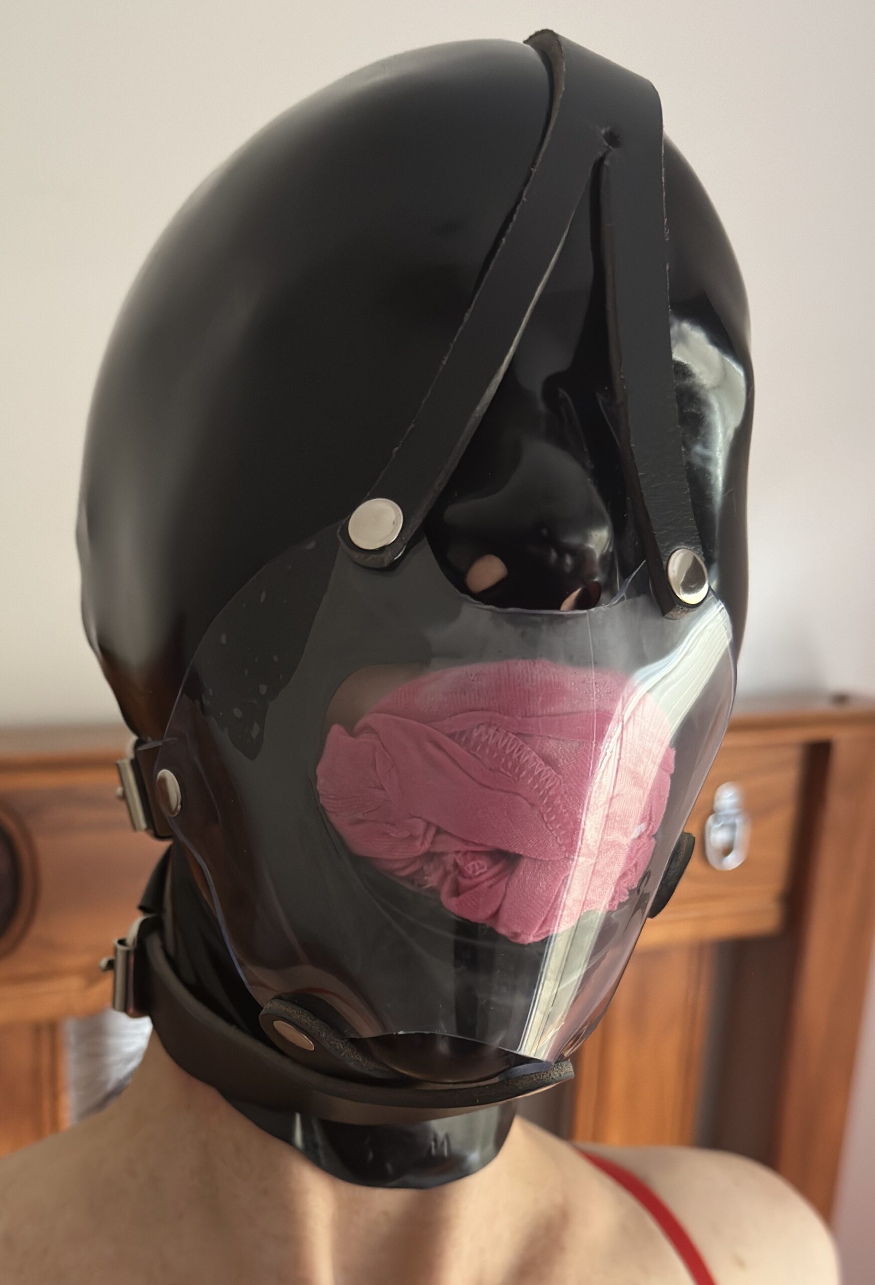 Clear PVC panel gag with leather straps
